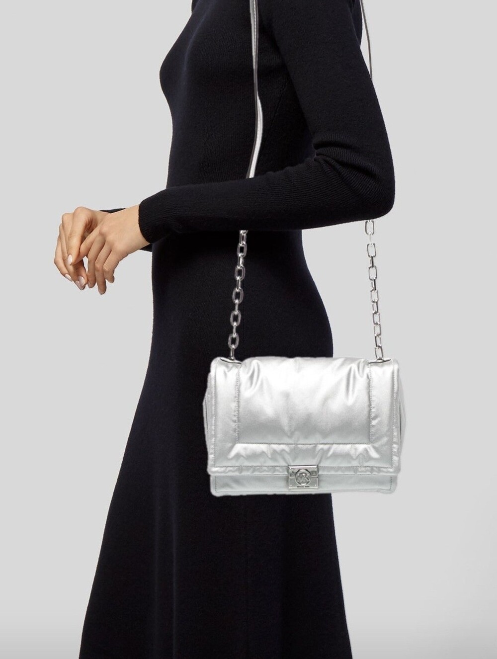 Michael Kors Silver Shoulder Bag - Iconic MK Plaque